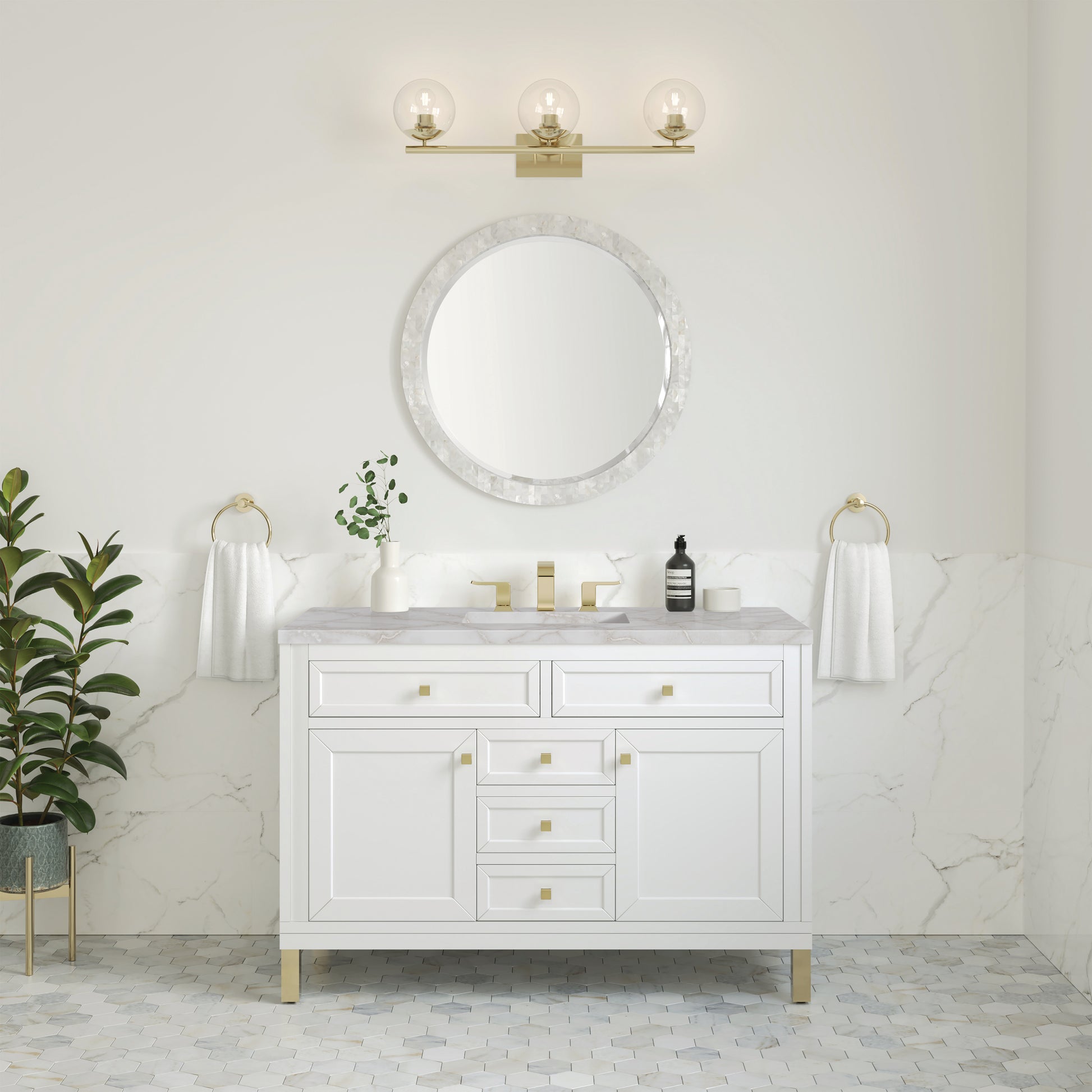 Renovate for Less Atlanta Chicago 48" Single Vanity, Glossy White, w/ 3 CM Victorian Silver Silestone® Top w/FreePower Wireless Charger