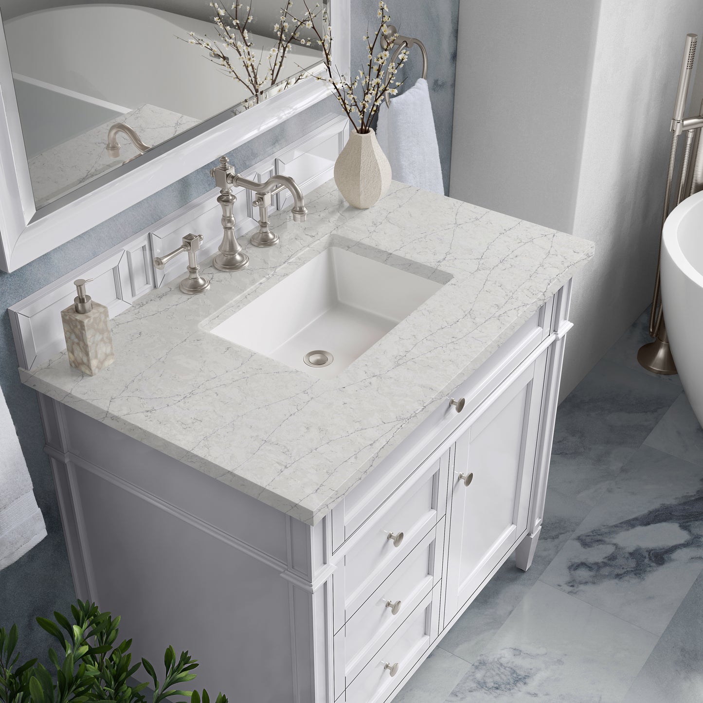 Renovate for Less Atlanta Brittany 36" Single Vanity, Bright White w/ 3 CM Eternal Jasmine Pearl Silestone Top
