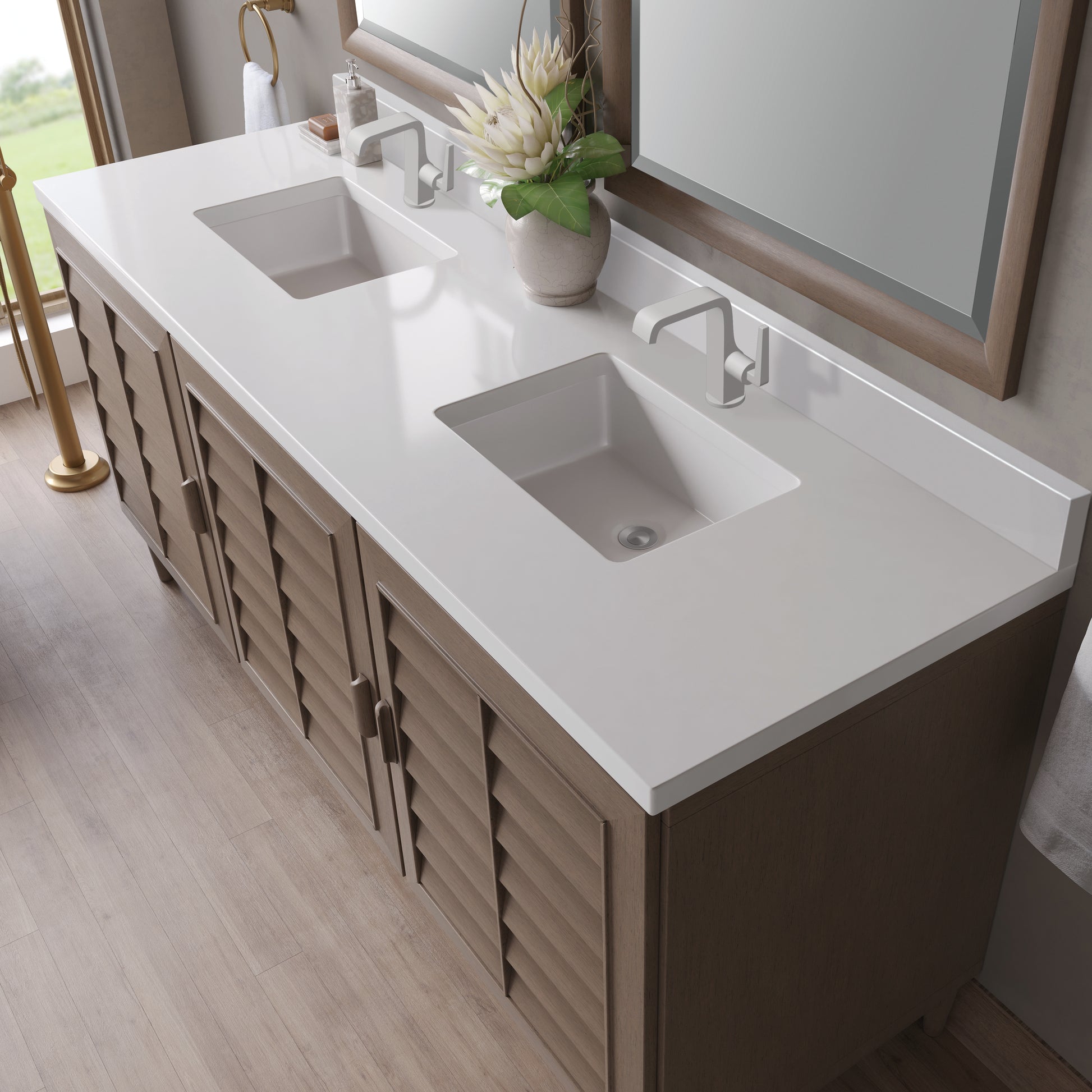 Renovate for Less Atlanta Portland 72" Double Vanity Whitewashed Walnut w/ Single Hole 3 CM White Zeus Silestone Top & Backsplash