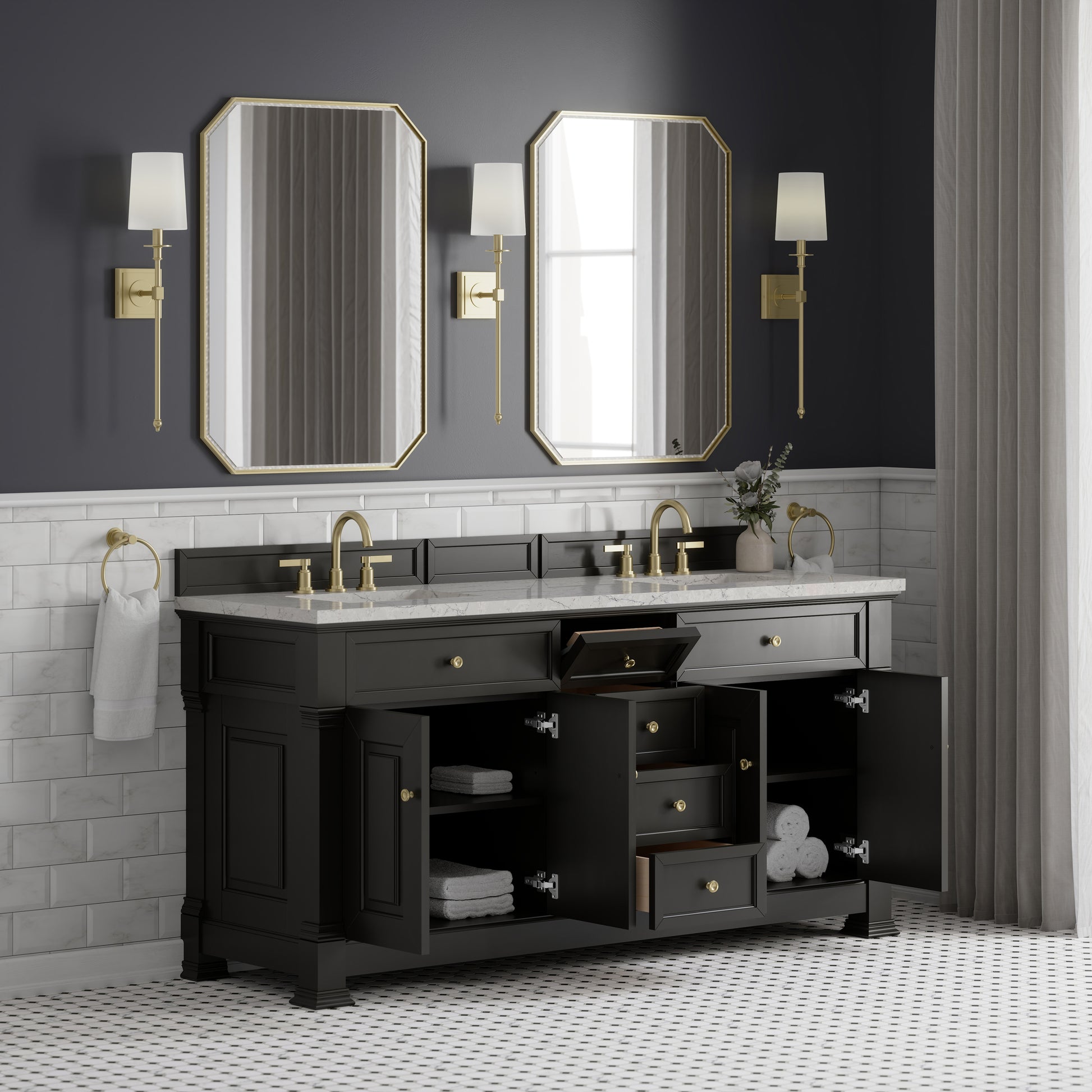 Renovate for Less Atlanta Brookfield 72" Double Vanity, Black Onyx w/ 3 CM Eternal Jasmine Pearl Silestone Top