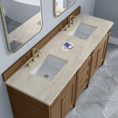 Renovate for Less Atlanta Brittany 72" Double Vanity, Pecan w/ 3 CM Tajnar Eclos Top w/FreePower Wireless Charger