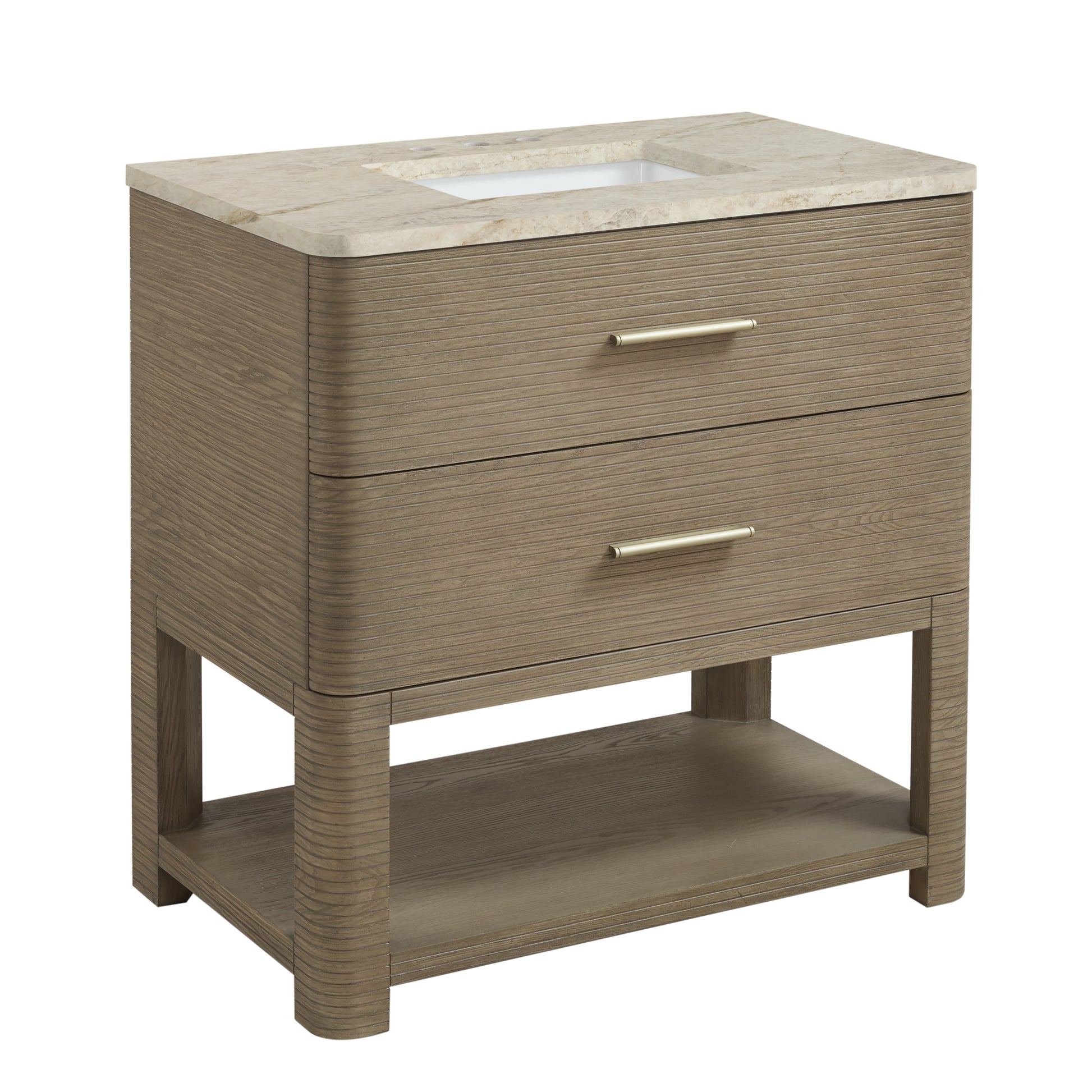 Renovate for Less Atlanta Lucian 36" Single Vanity, Pebble Oak, w/ 3 CM Tajnar Eclos Widespread Top