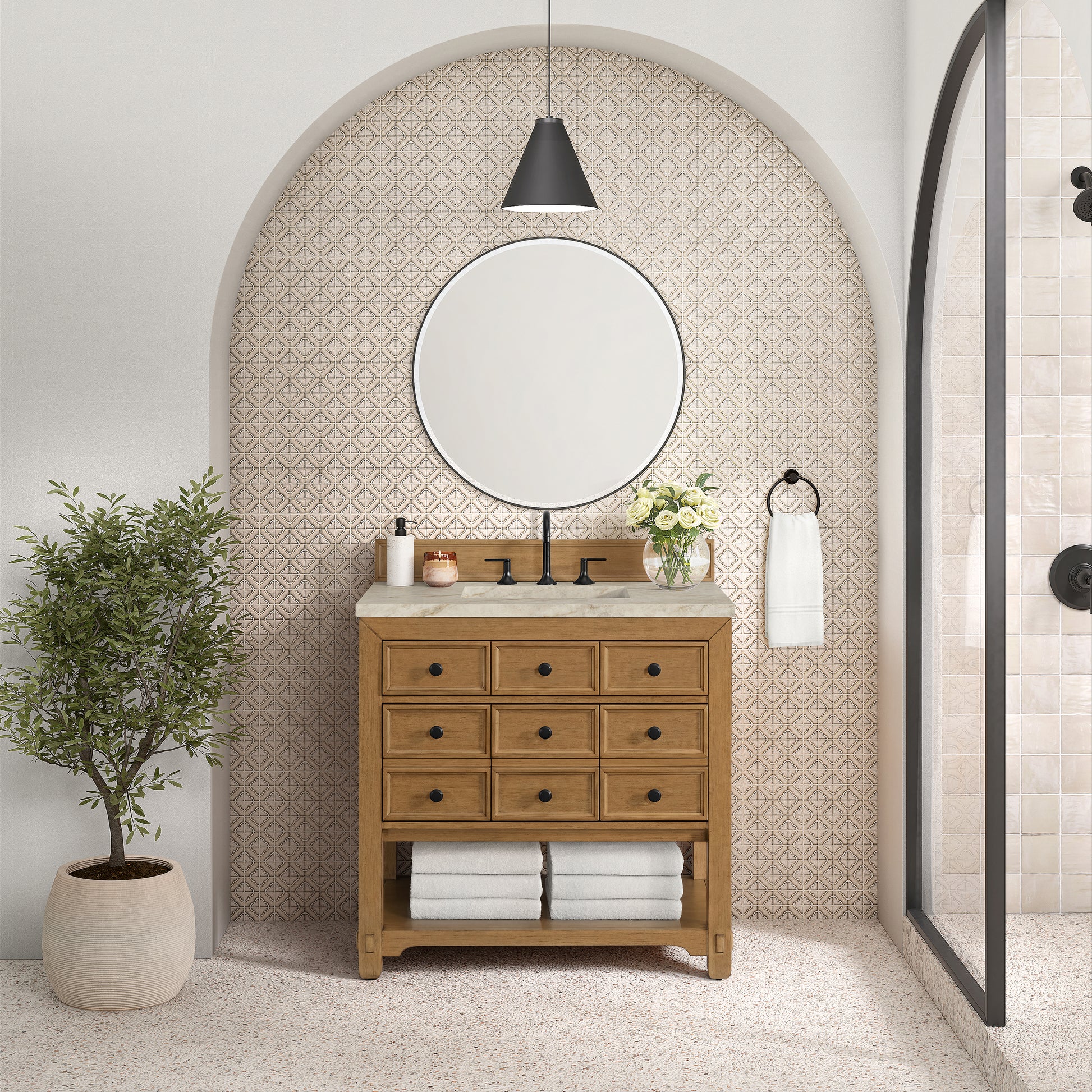 Renovate for Less Atlanta Malibu 36" Single Vanity, Amber Birch, w/ 3 CM Tajnar Eclos Top