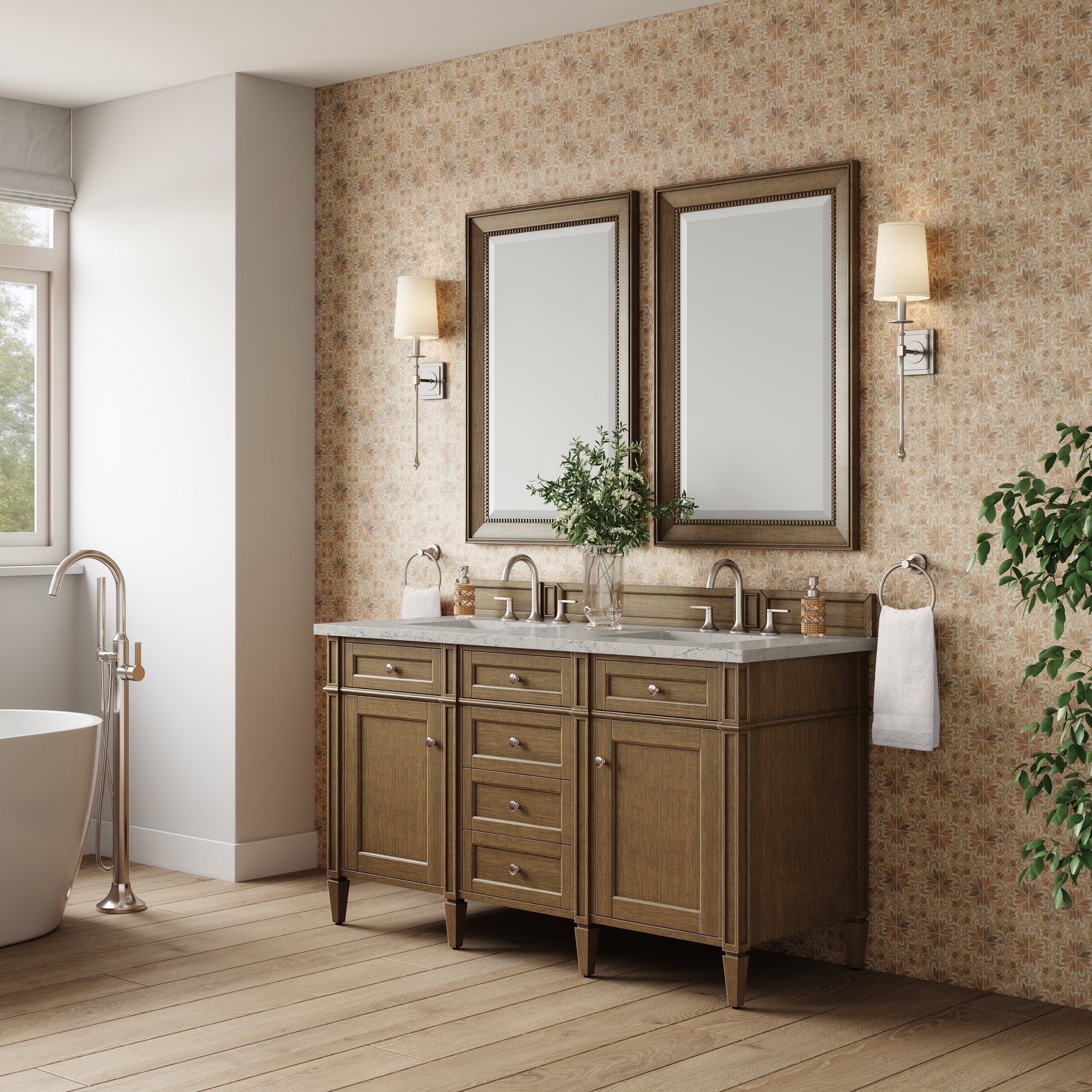 Renovate for Less Atlanta Brittany 60" Double Vanity, Saddle Brown w/ 3 CM Eternal Jasmine Pearl Silestone Top