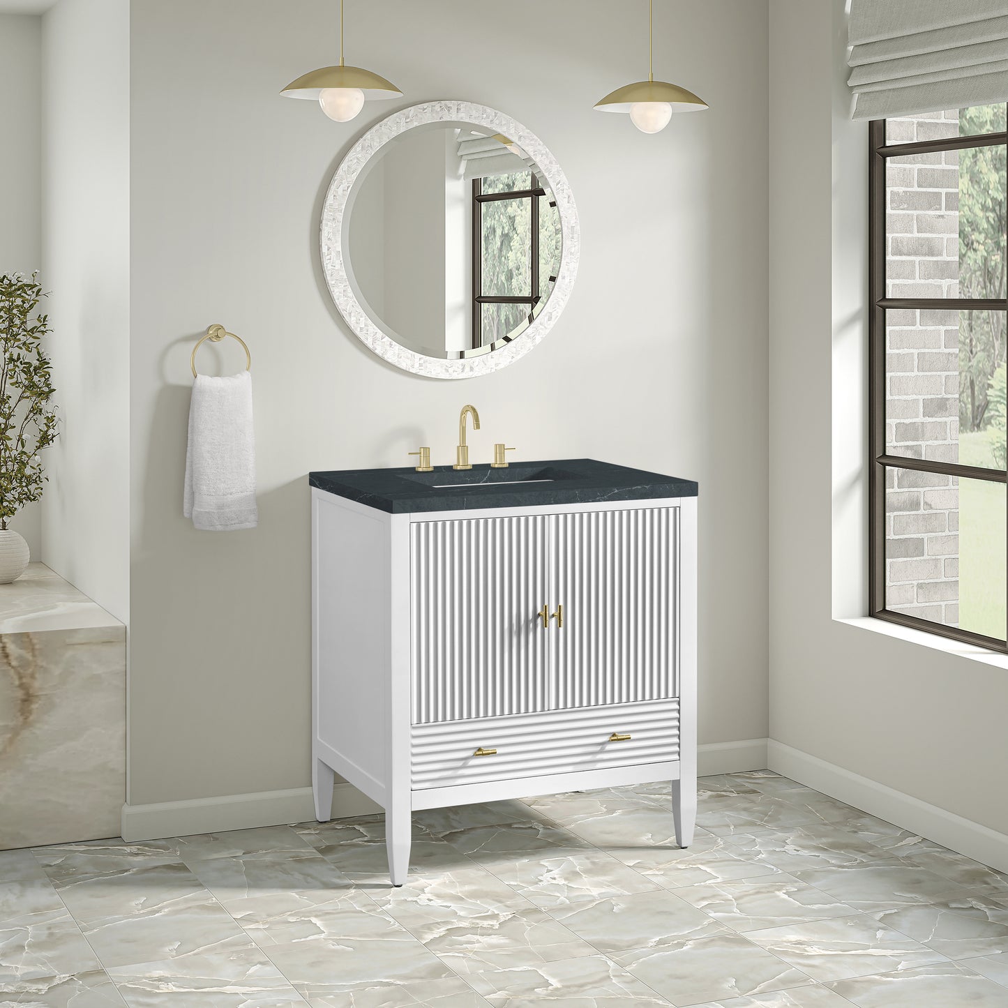 Renovate for Less Atlanta Myrrin 30" Single Vanity, Bright White w/ 3 CM Charcoal Soapstone Silestone Top