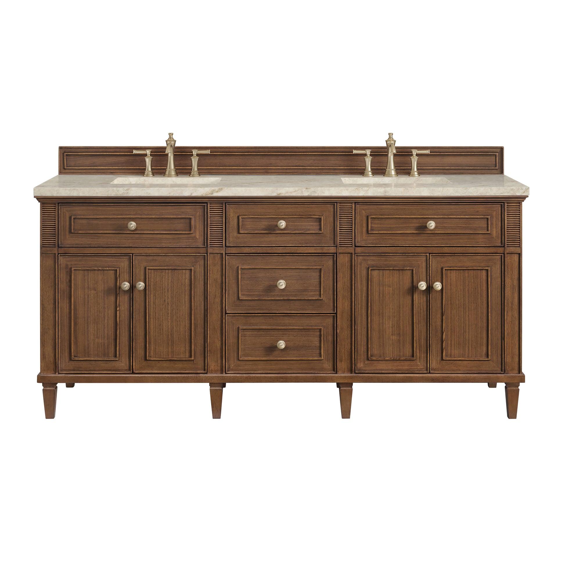 Renovate for Less Atlanta Lorelai 72" Double Vanity, Mid-Century Walnut, w/ 3 CM Tajnar Eclos Top w/FreePower Wireless Charger
