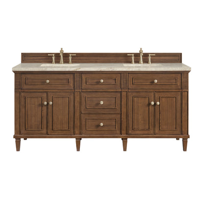 Renovate for Less Atlanta Lorelai 72" Double Vanity, Mid-Century Walnut, w/ 3 CM Tajnar Eclos Top w/FreePower Wireless Charger