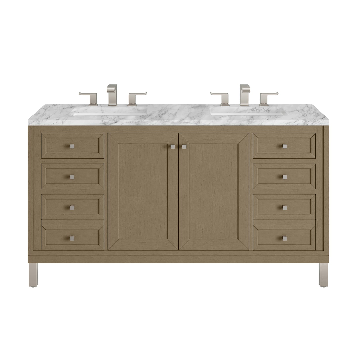 Renovate for Less Atlanta Chicago 60" Double Vanity, Walnut Whisper, w/ 3 CM Carrara Marble Top