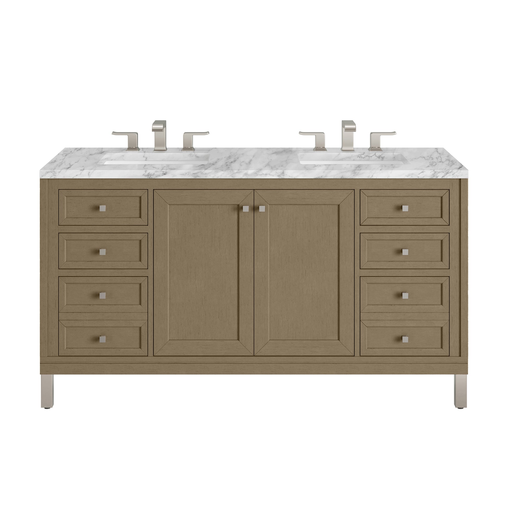 Renovate for Less Atlanta Chicago 60" Double Vanity, Walnut Whisper, w/ 3 CM Carrara Marble Top