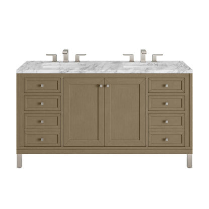 Renovate for Less Atlanta Chicago 60" Double Vanity, Walnut Whisper, w/ 3 CM Carrara Marble Top