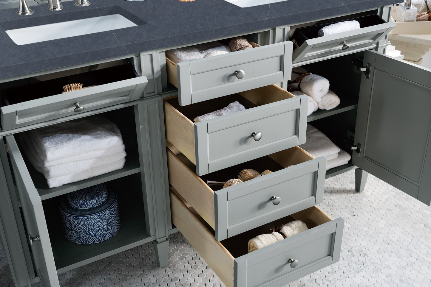 Renovate for Less Atlanta Brittany 60" Double Vanity, Urban Gray w/ 3 CM Charcoal Soapstone Silestone Top