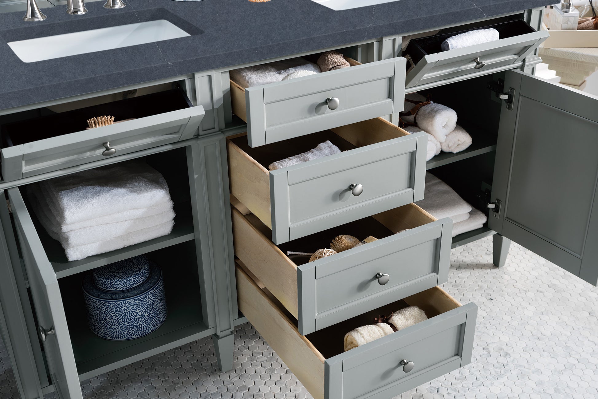 Renovate for Less Atlanta Brittany 60" Double Vanity, Urban Gray w/ 3 CM Charcoal Soapstone Silestone Top