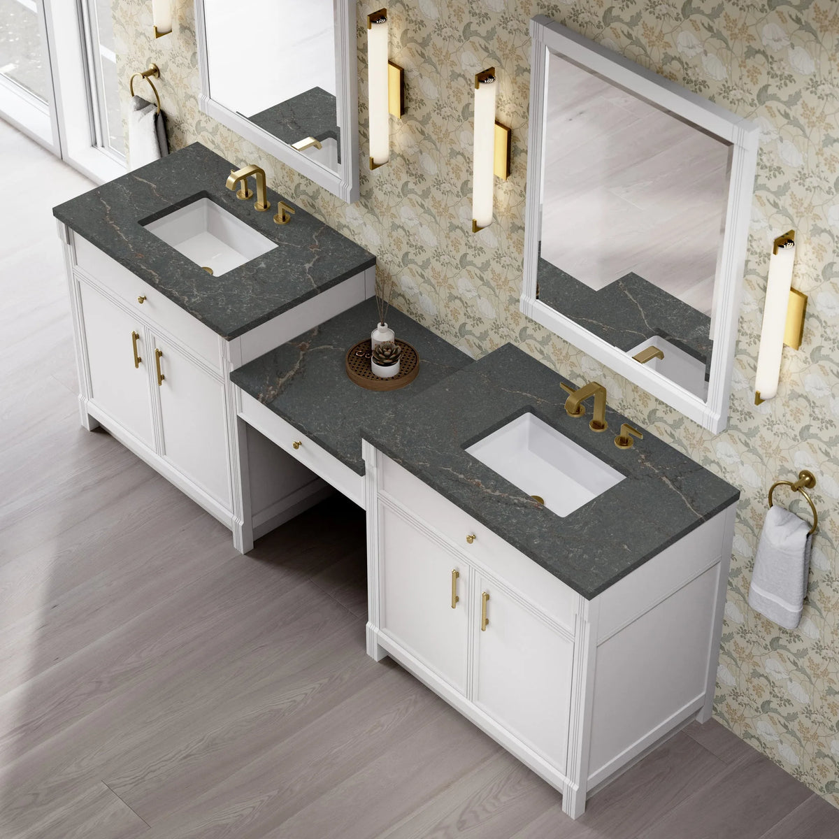 Bellshire 96" Dual Vanity Set with 24" Make-Up Counter, Bright White w/3 cm Parisien Bleu Silestone Top