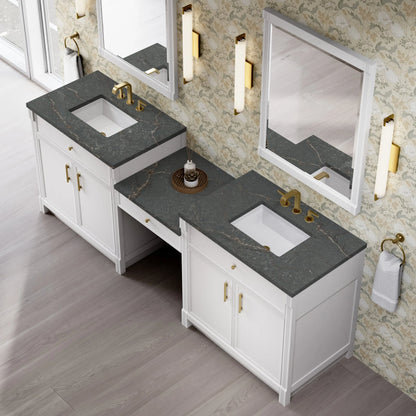 Bellshire 96" Dual Vanity Set with 24" Make-Up Counter, Bright White w/3 cm Parisien Bleu Silestone Top