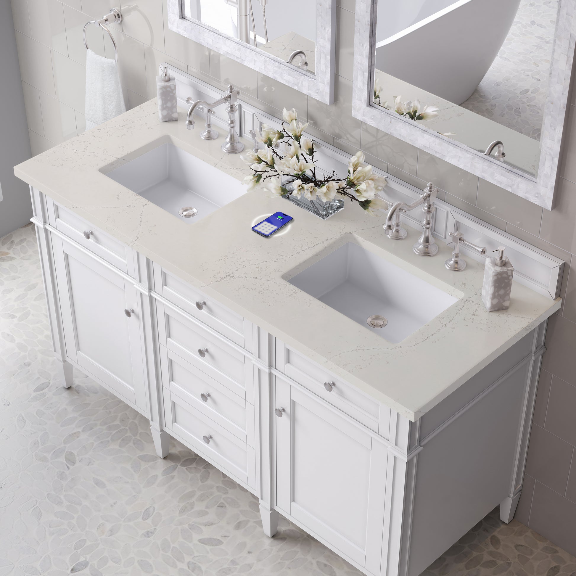 Renovate for Less Atlanta Brittany 60" Double Vanity in Bright White, w/ 3 CM Siberian Silestone Top w/FreePower Wireless Charger