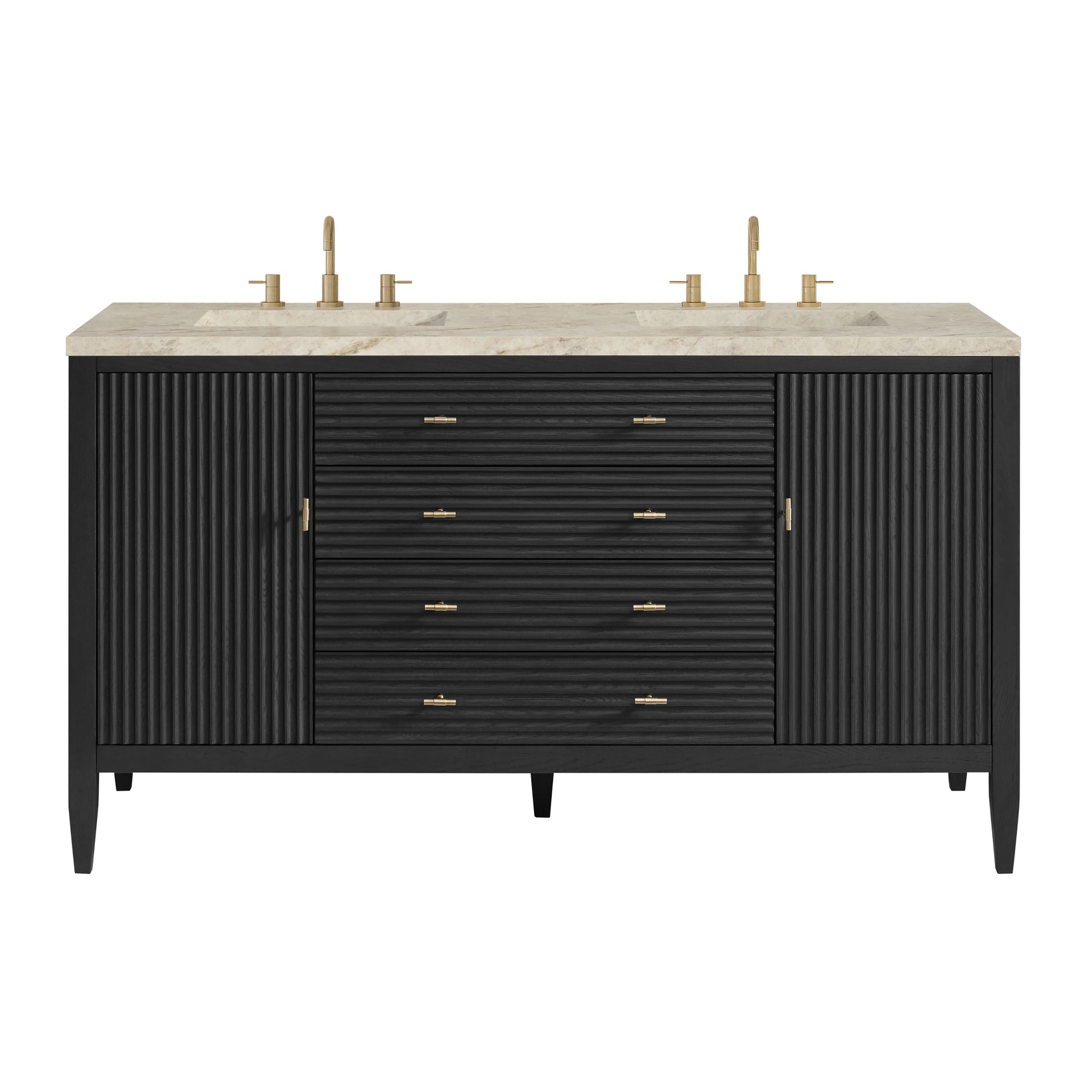 Renovate for Less Atlanta Myrrin 60" Double Vanity, Carbon Oak, w/ 3 CM Tajnar Eclos Top w/FreePower Wireless Charger