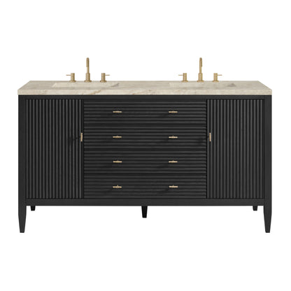 Renovate for Less Atlanta Myrrin 60" Double Vanity, Carbon Oak, w/ 3 CM Tajnar Eclos Top w/FreePower Wireless Charger