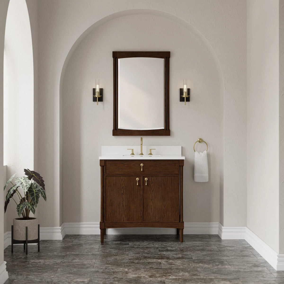 Kinnsden 36" Single Vanity, Sable Oak w/ 3 CM White Zeus Silestone Top