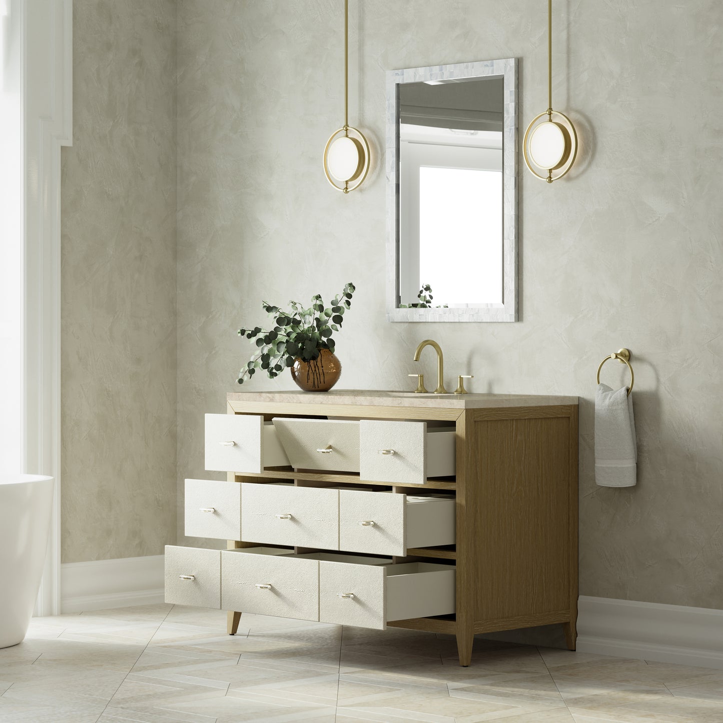 Renovate for Less Atlanta Celeste 48" Single Vanity, Sunwashed Oak with Embossed Shagreen, w/ 3 CM Tajnar Eclos Top w/FreePower Wireless Charger