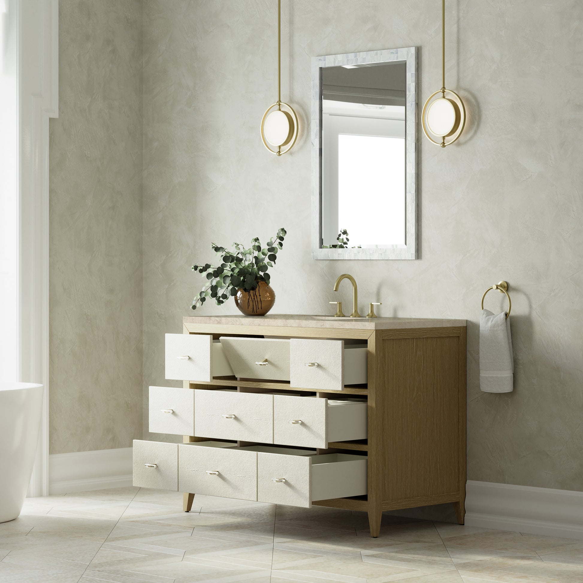 Renovate for Less Atlanta Celeste 48" Single Vanity, Sunwashed Oak with Embossed Shagreen, w/ 3 CM Tajnar Eclos Top w/FreePower Wireless Charger