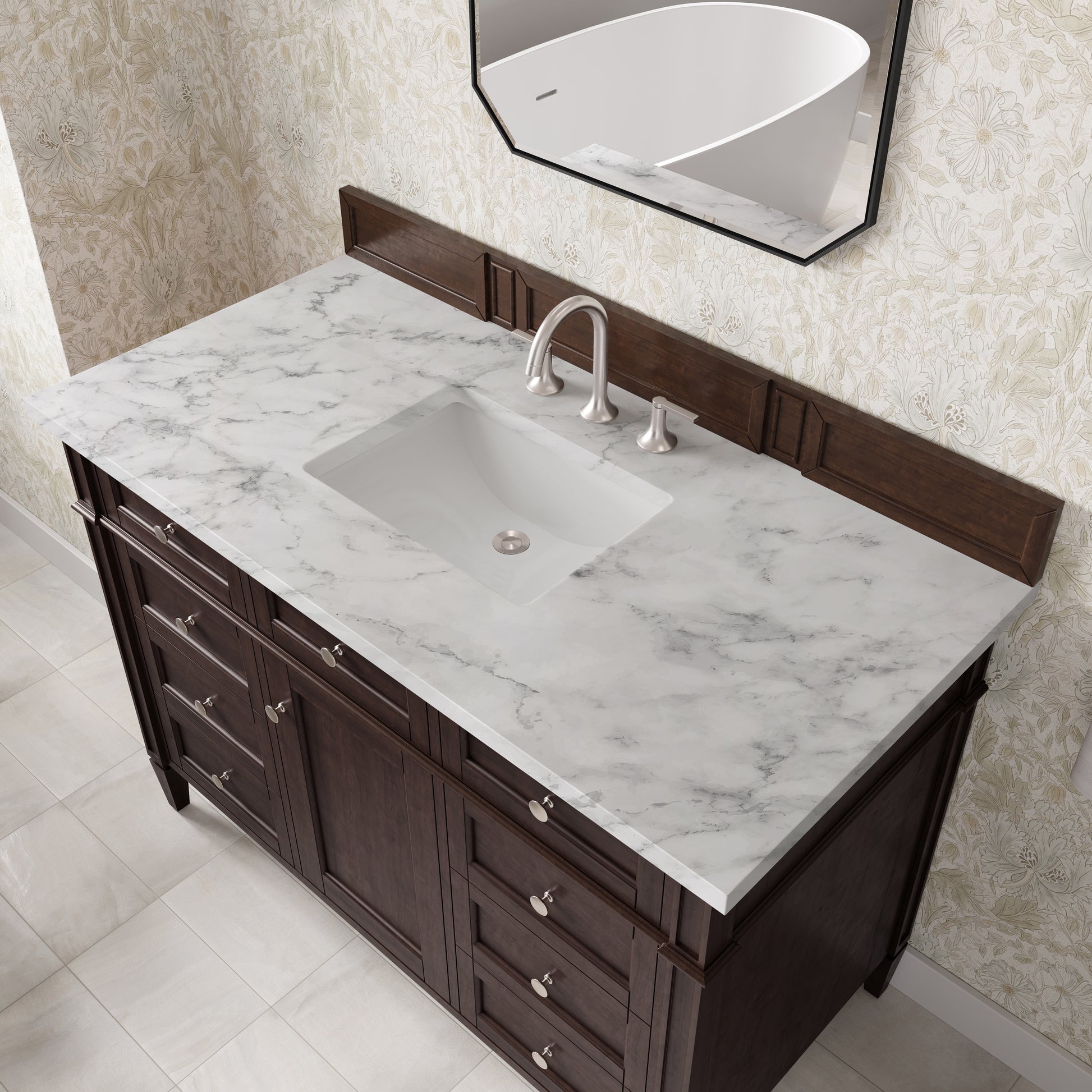 Renovate for Less Atlanta Brittany 48" Single Vanity, Burnished Mahogany w/ 3 CM Carrara Marble Top