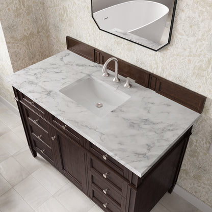 Renovate for Less Atlanta Brittany 48" Single Vanity, Burnished Mahogany w/ 3 CM Carrara Marble Top