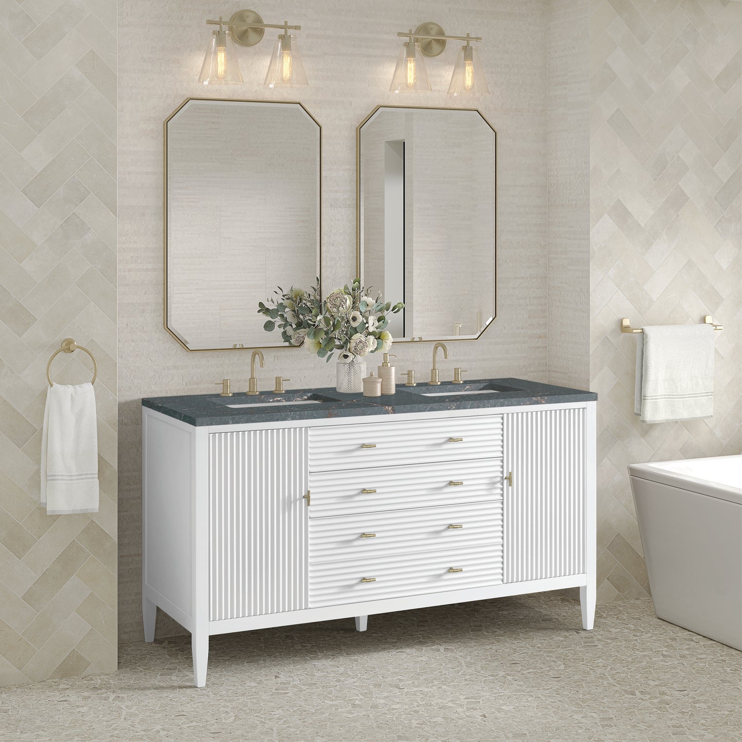 Renovate for Less Atlanta Myrrin 60" Double Vanity, Bright White w/ 3 CM Parisien Bleu Silestone Top w/FreePower Wireless Charger