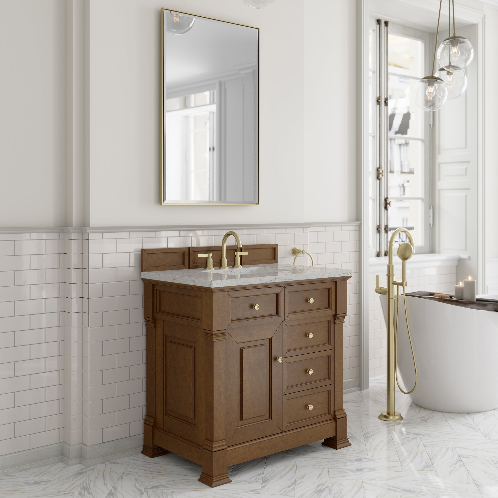 Renovate for Less Atlanta Brookfield 36" Single Vanity, Honey Oak w/ 3 CM Eternal Jasmine Pearl Silestone Top