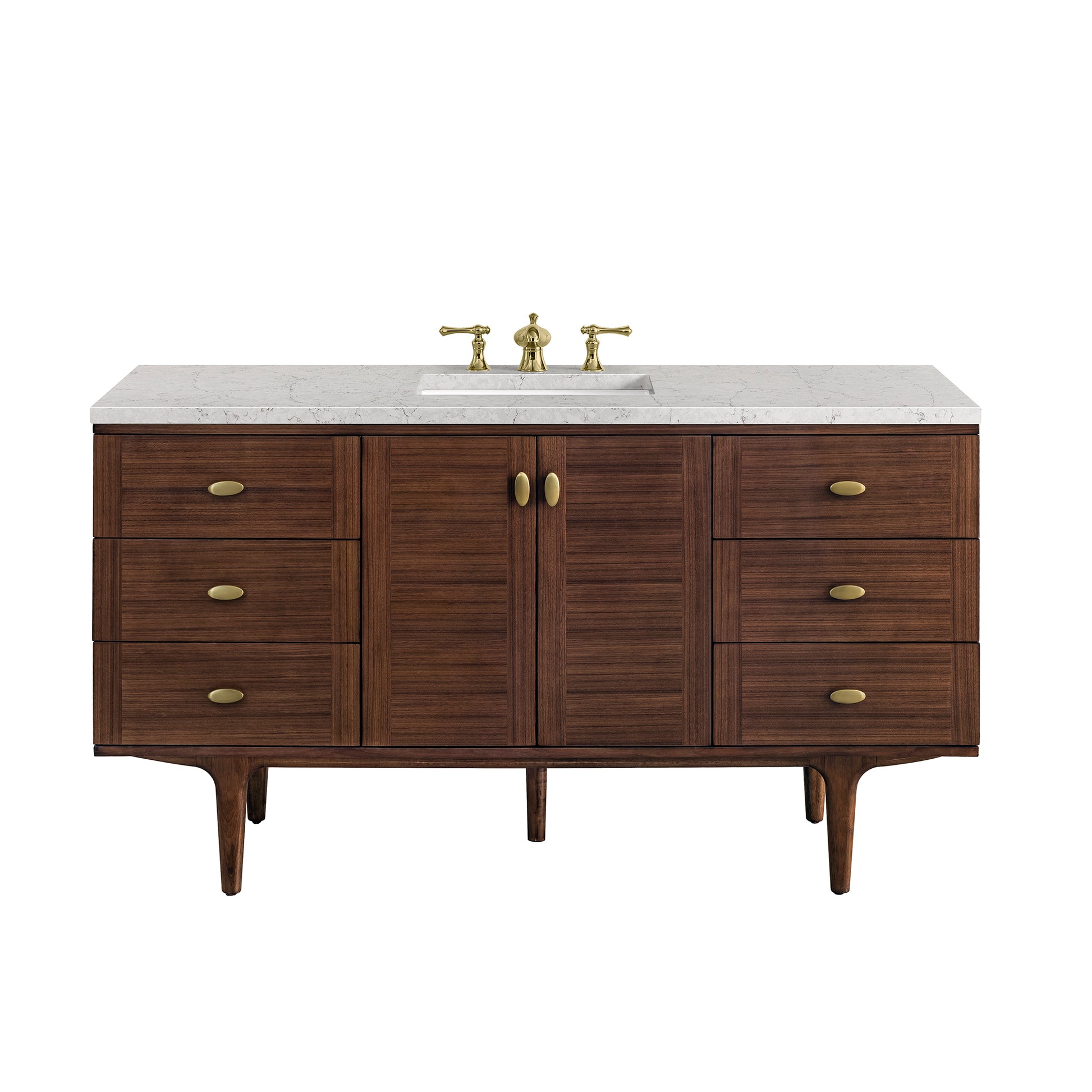 Renovate for Less Atlanta Amberly 60" Single Vanity, Mid-Century Walnut w/ 3 CM Eternal Jasmine Pearl Top w/FreePower Wireless Charger