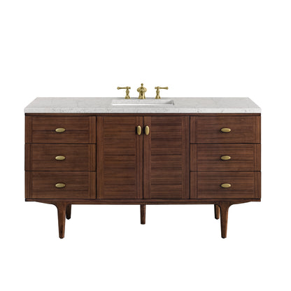 Renovate for Less Atlanta Amberly 60" Single Vanity, Mid-Century Walnut w/ 3 CM Eternal Jasmine Pearl Top w/FreePower Wireless Charger