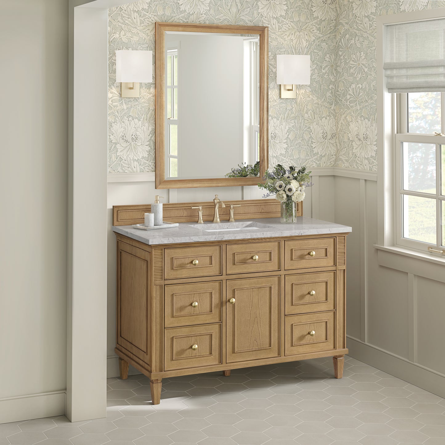 Renovate for Less Atlanta Lorelai 48" Single Vanity, Light Natural Oak w/ 3 CM Eternal Jasmine Pearl Silestone Top
