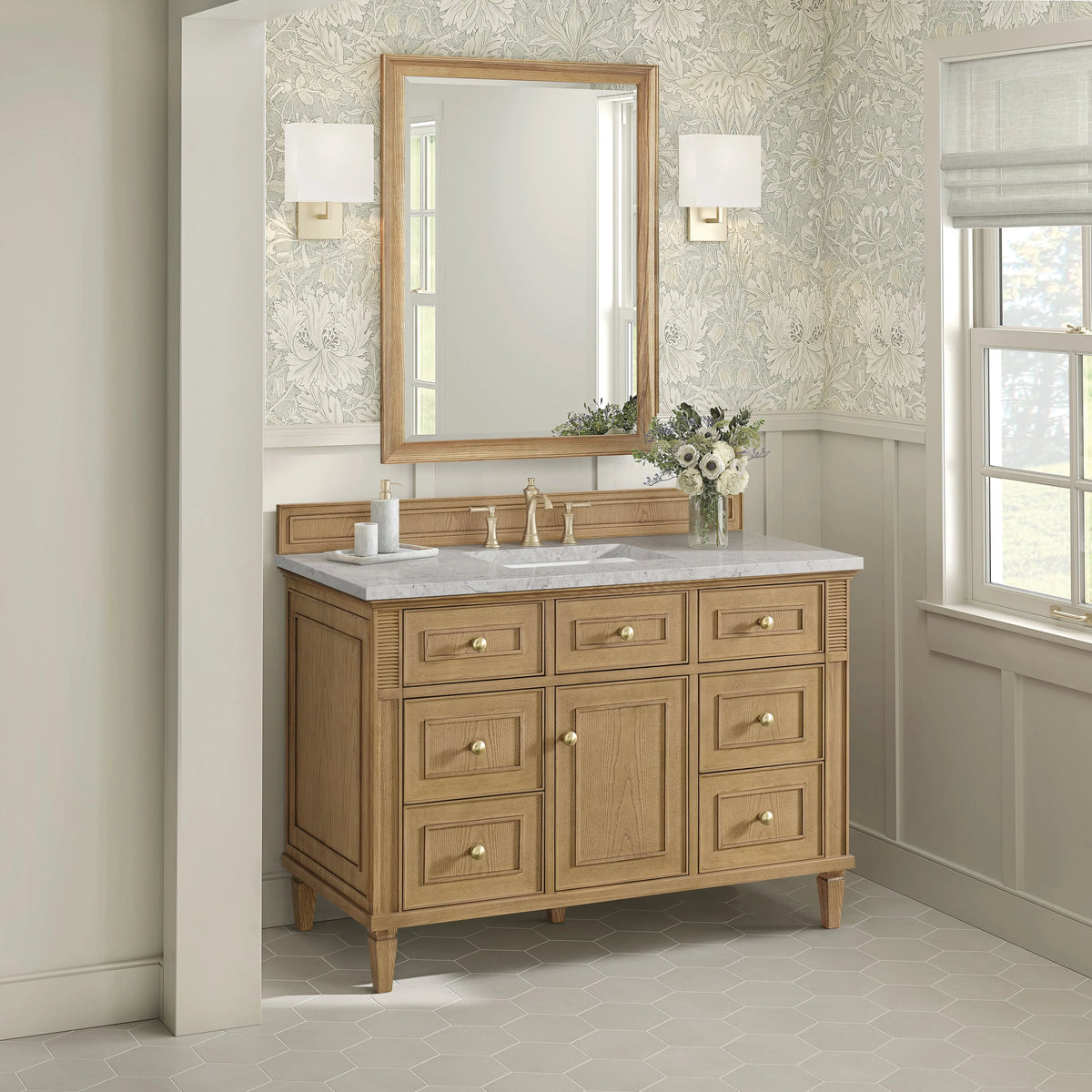 Lorelai 48" Single Vanity, Light Natural Oak w/ 3 CM Eternal Jasmine Pearl Silestone Top w/FreePower Wireless Charger