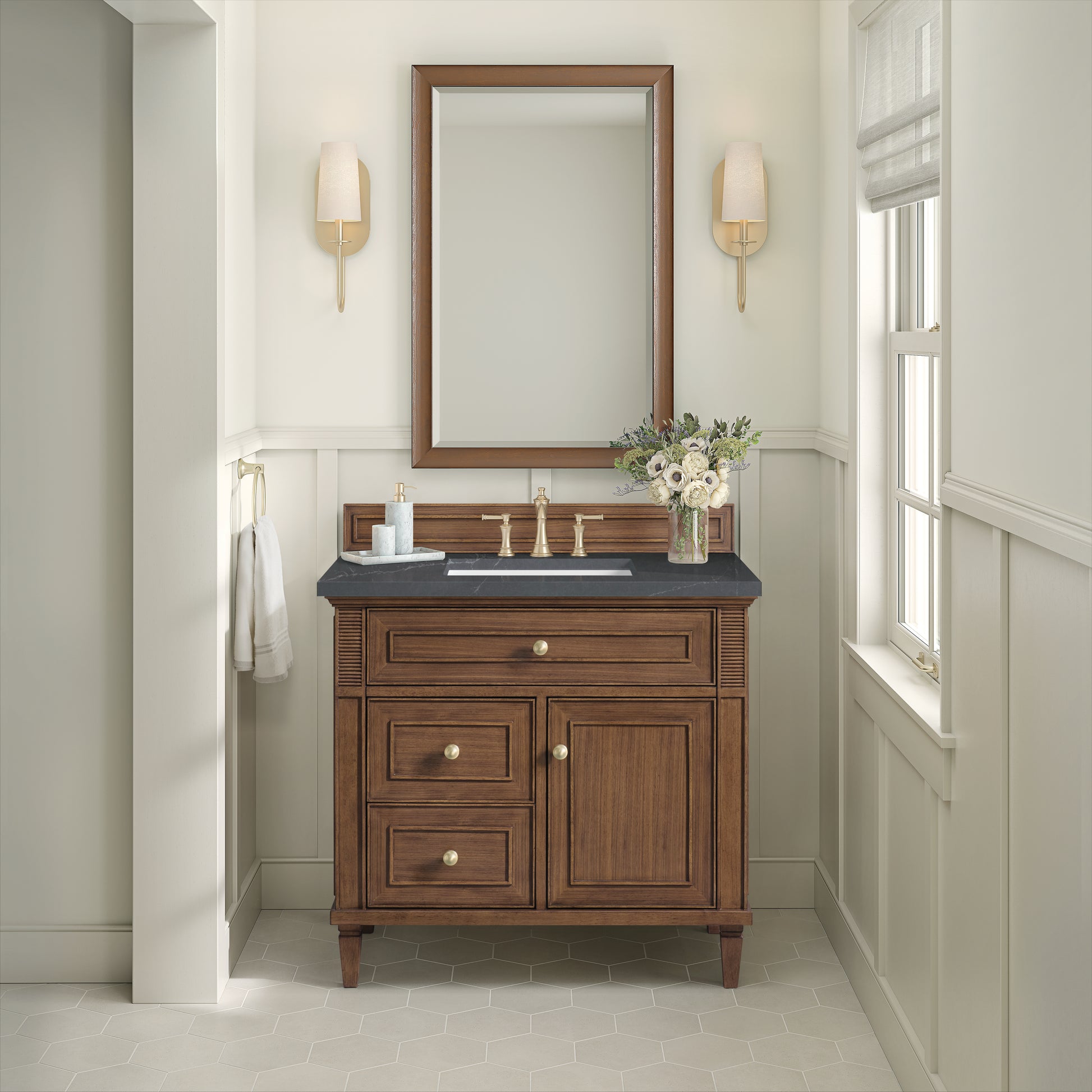Renovate for Less Atlanta Lorelai 36" Single Vanity, Mid-Century Walnut w/ 3 CM Charcoal Soapstone Silestone Top