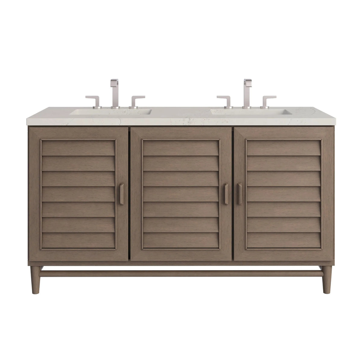 Portland 60" Double Vanity, Whitewashed Walnut, w/ 3 CM Siberian Silestone Top w/FreePower Wireless Charger