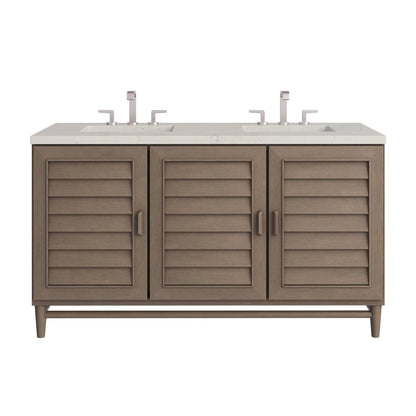 Portland 60" Double Vanity, Whitewashed Walnut, w/ 3 CM Siberian Silestone Top w/FreePower Wireless Charger