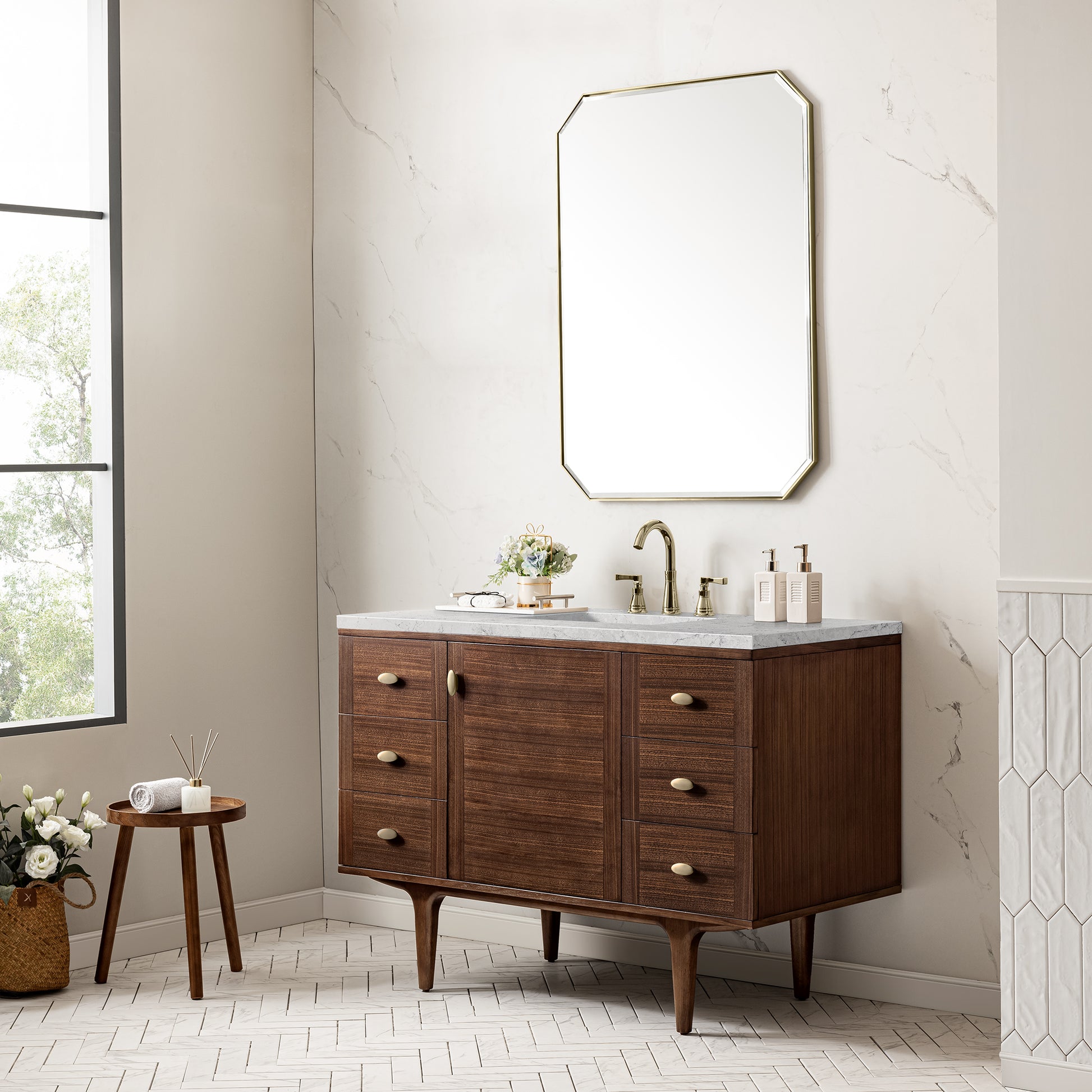 Renovate for Less Atlanta Amberly 48" Single Vanity, Mid-Century Walnut w/ 3 CM Eternal Jasmine Pearl Top