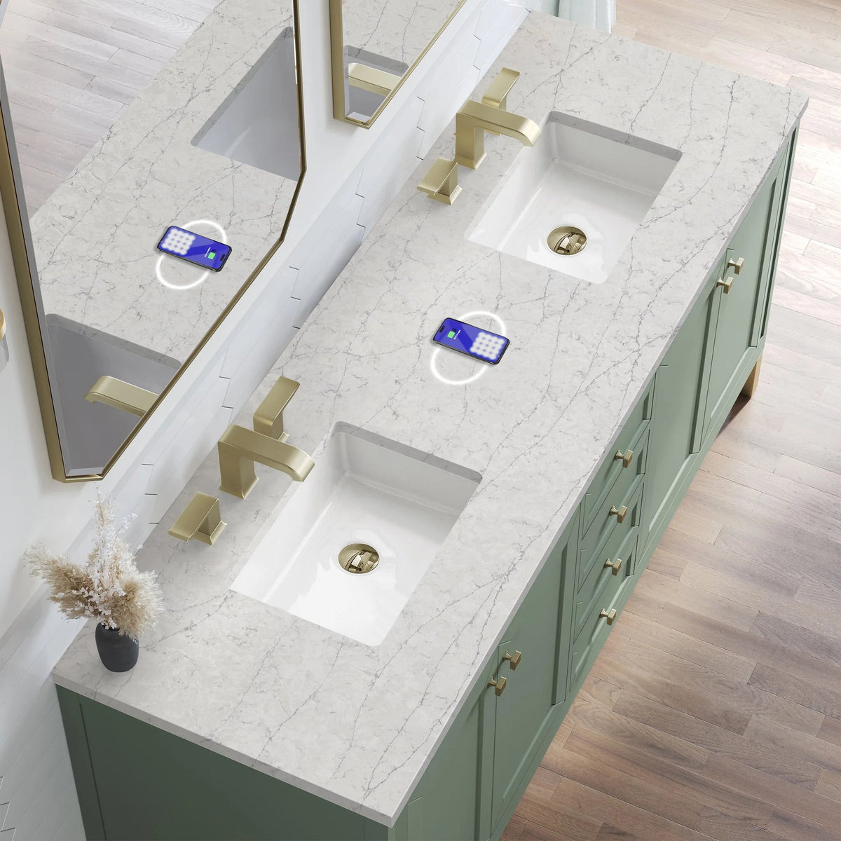 Chicago 72" Double Vanity, Smokey Celadon, w/ 3 CM Eternal Jasmine Pearl Silestone Top w/ FreePower Wireless Charger