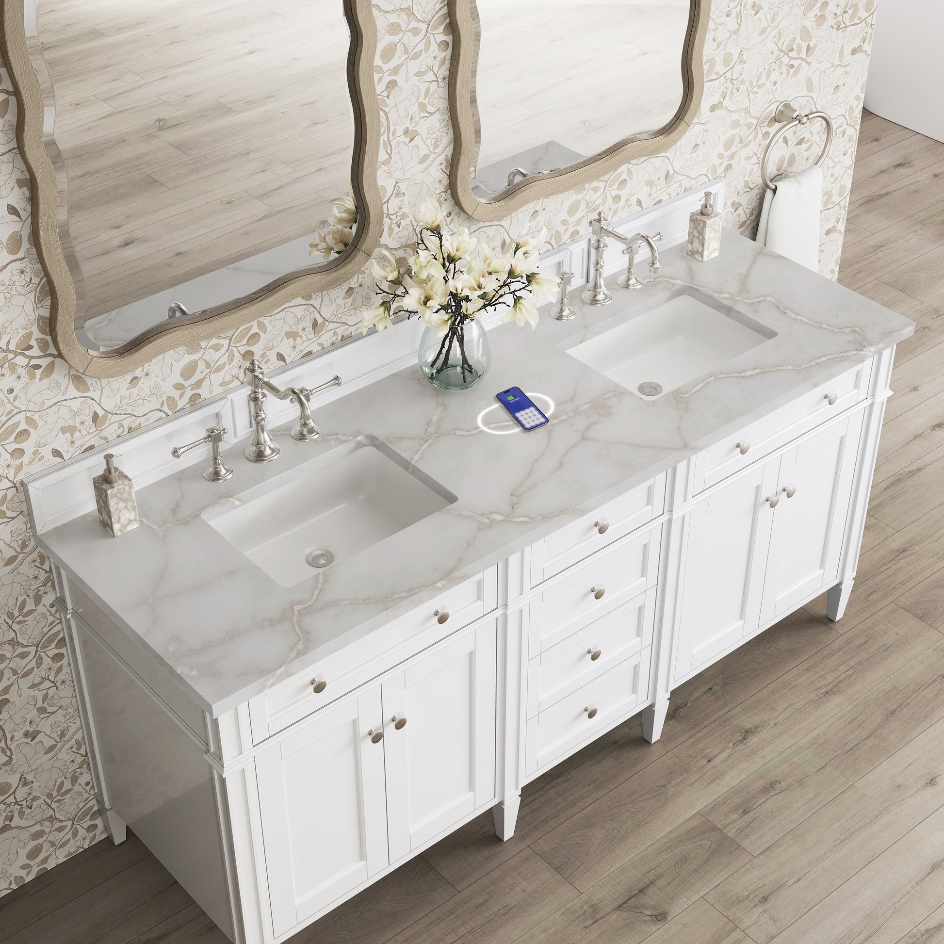 Renovate for Less Atlanta Brittany 72" Double Vanity, Bright White Vanity w/ 3 CM Victorian Silver Silestone Top w/FreePower Wireless Charger