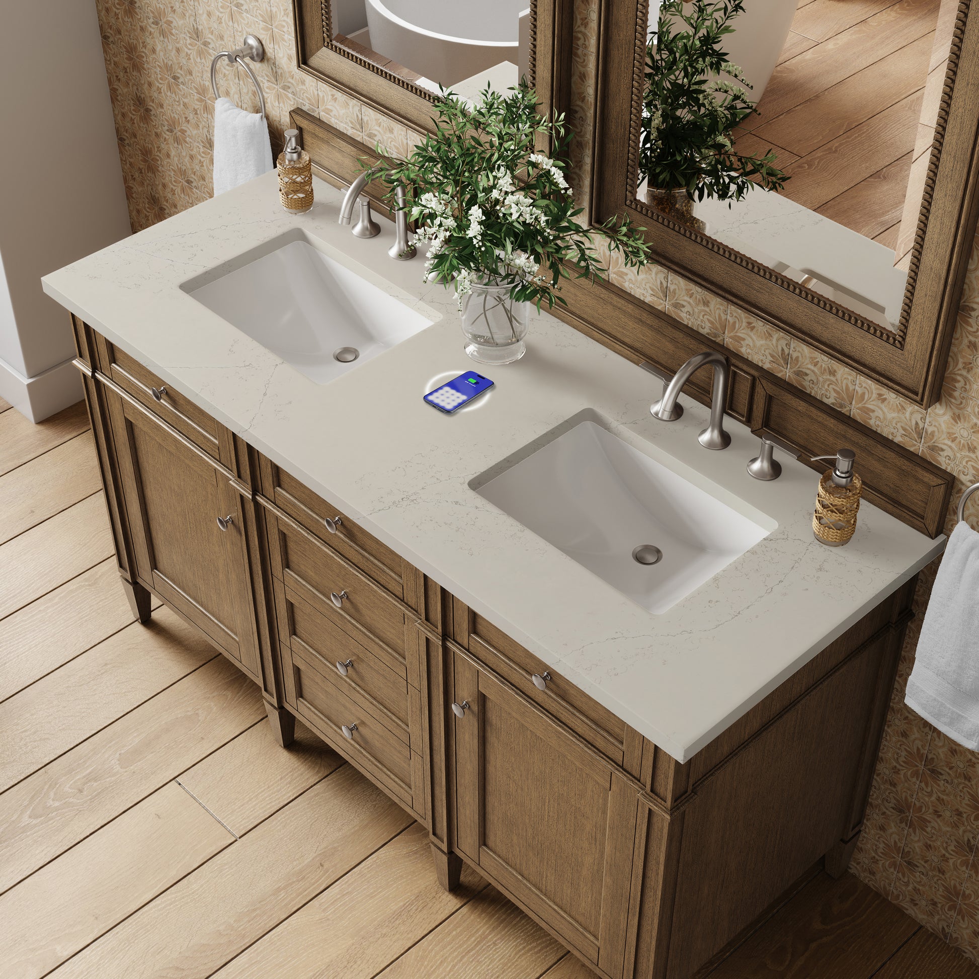 Renovate for Less Atlanta Brittany 60" Double Vanity, Saddle Brown, w/ 3 CM Siberian Silestone Top w/FreePower Wireless Charger