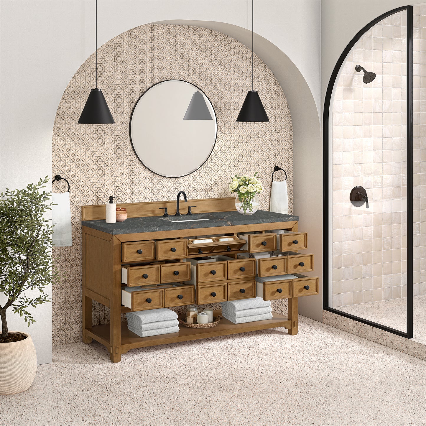 Renovate for Less Atlanta Malibu 60" Single Vanity, Amber Birch w/ 3 CM Parisien Bleu Top