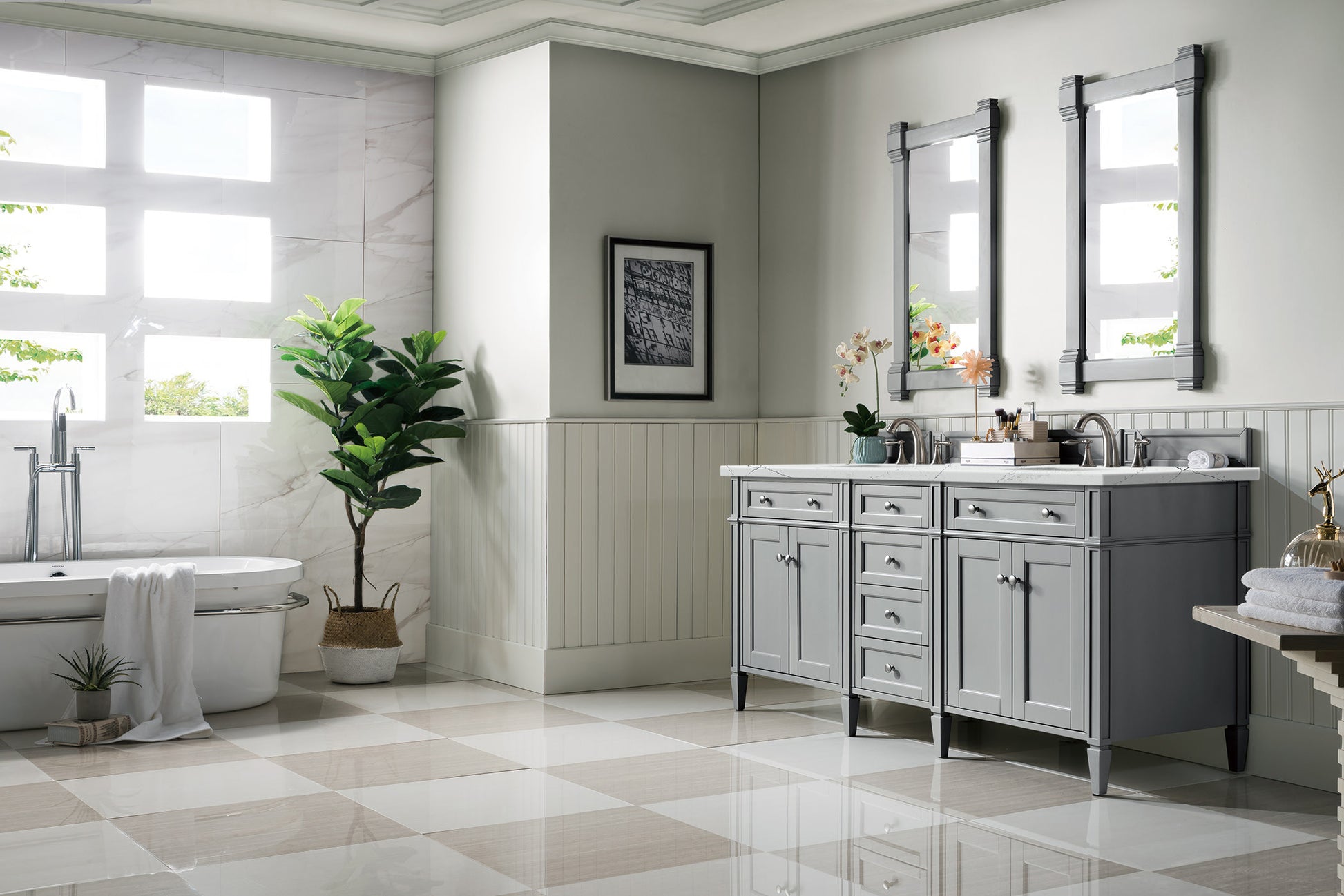 Renovate for Less Atlanta Brittany 72" Double Vanity, Urban Gray w/ 3 CM Ethereal Noctis Silestone Top w/FreePower Wireless Charger