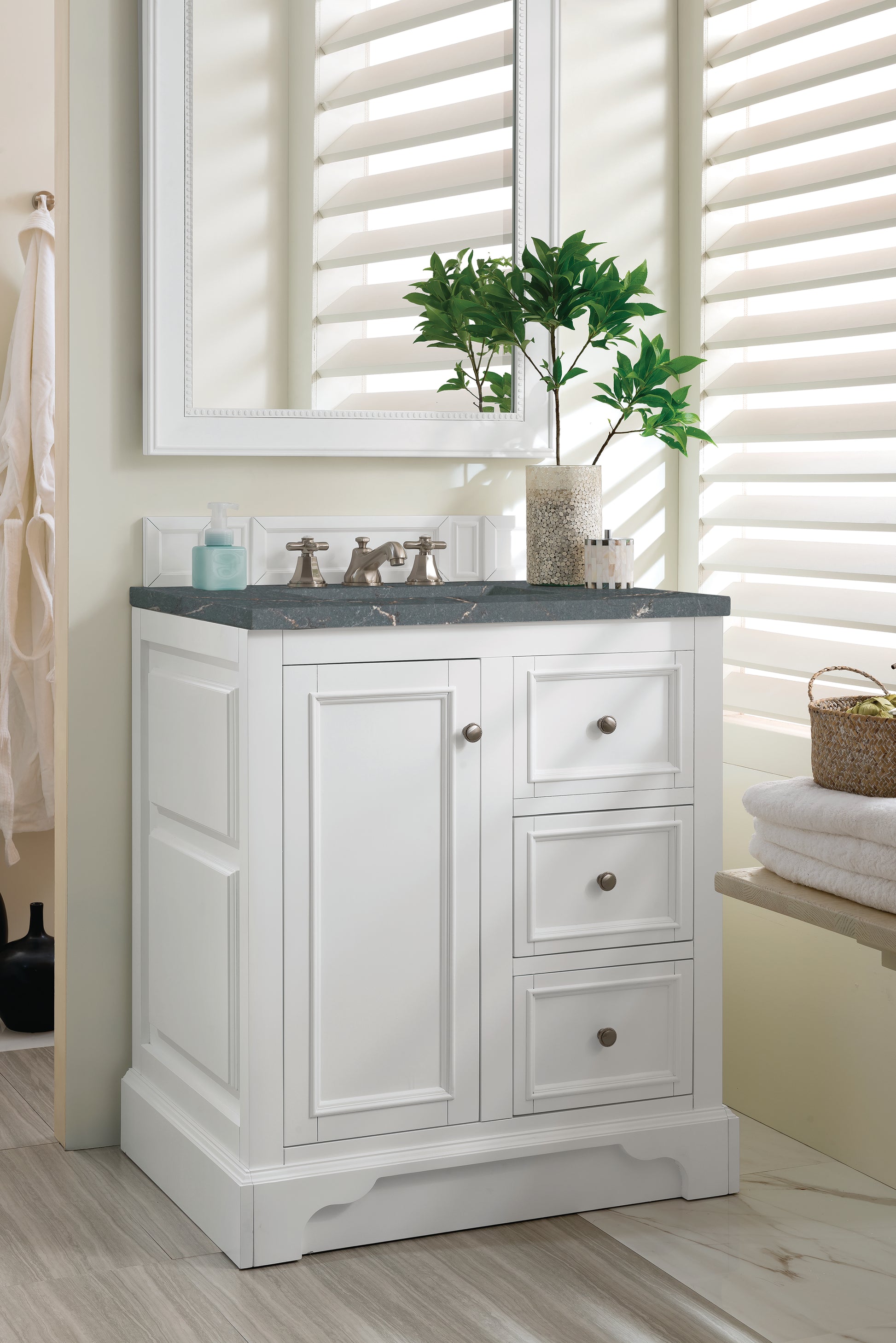 Renovate for Less Atlanta De Soto 30" Single Vanity, Bright White w/ 3 CM Parisien Bleu Silestone Top