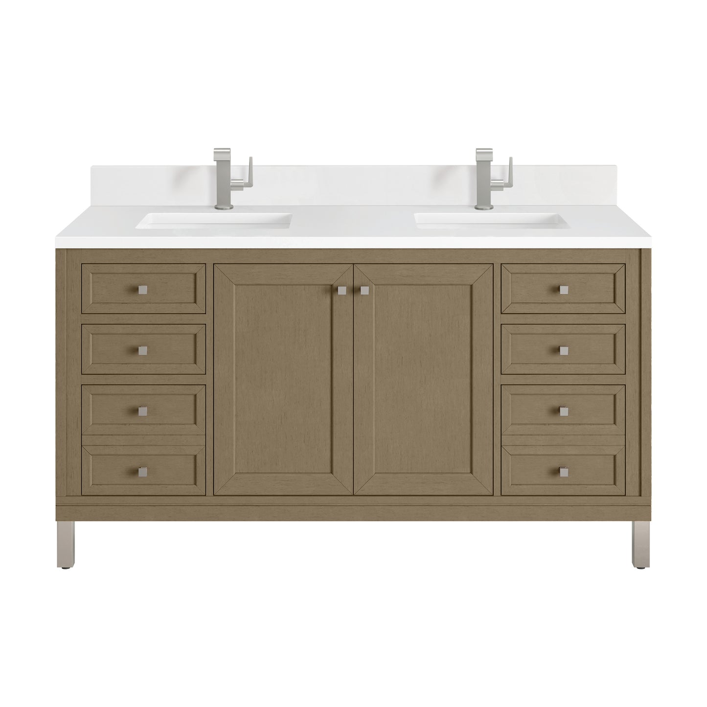 Renovate for Less Atlanta Chicago 60" Double Vanity, Walnut Whisper, w/ Single Hole 3CM White Zeus Silestone® Top & Backsplash