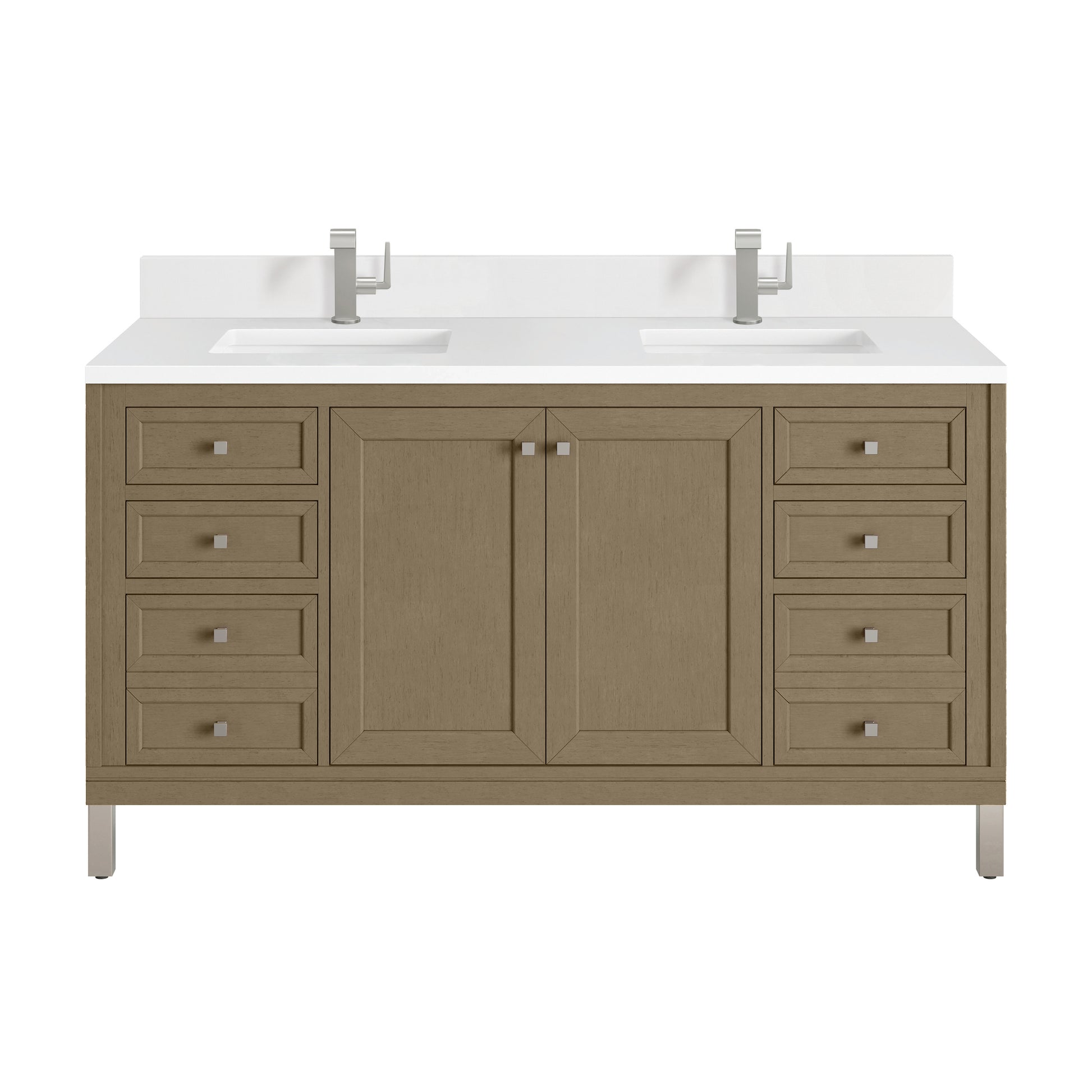 Renovate for Less Atlanta Chicago 60" Double Vanity, Walnut Whisper, w/ Single Hole 3CM White Zeus Silestone® Top & Backsplash