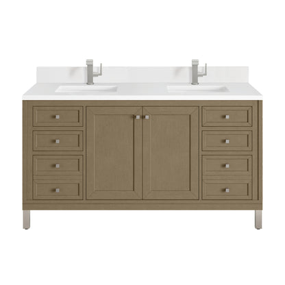 Renovate for Less Atlanta Chicago 60" Double Vanity, Walnut Whisper, w/ Single Hole 3CM White Zeus Silestone® Top & Backsplash