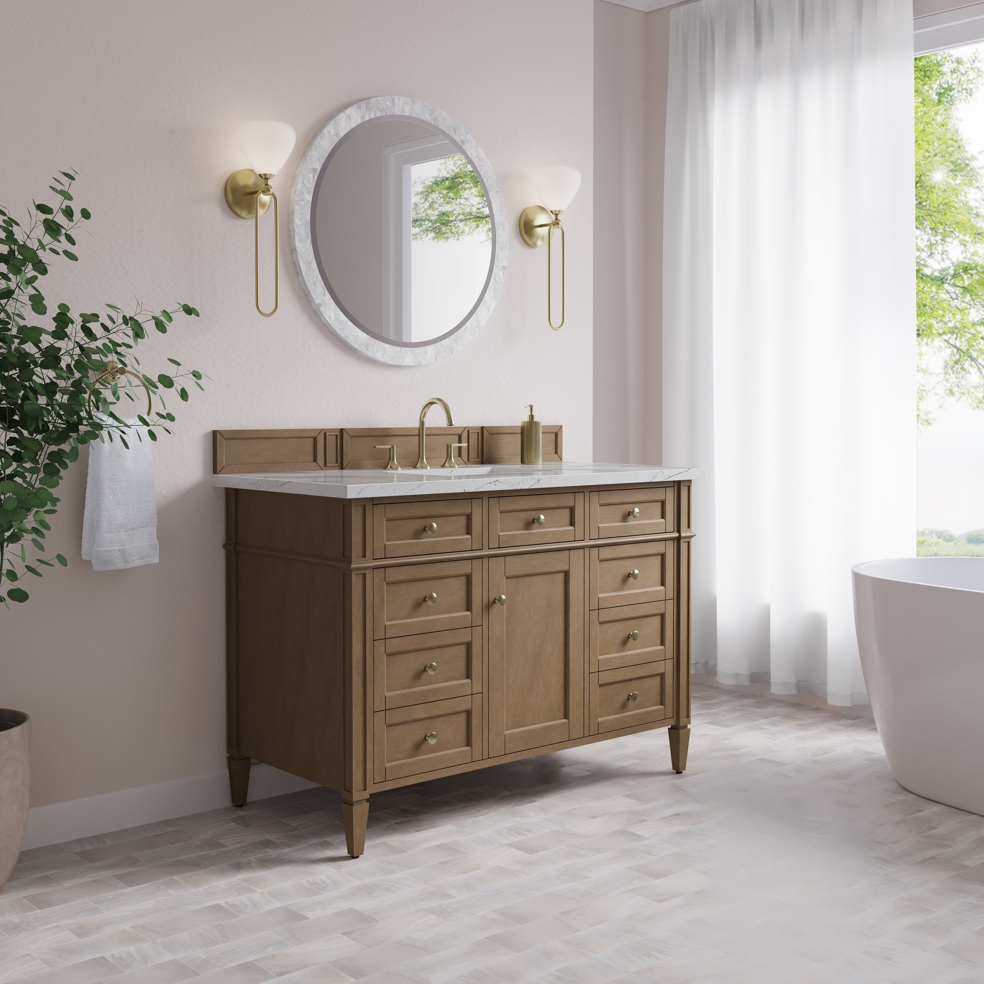 Renovate for Less Atlanta Brittany 48" Single Vanity, Pecan w/ 3 CM Ethereal Noctis Silestone Top w/FreePower Wireless Charger