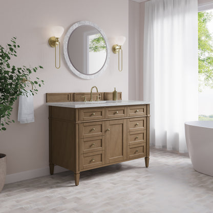 Renovate for Less Atlanta Brittany 48" Single Vanity, Pecan w/ 3 CM Ethereal Noctis Silestone Top w/FreePower Wireless Charger