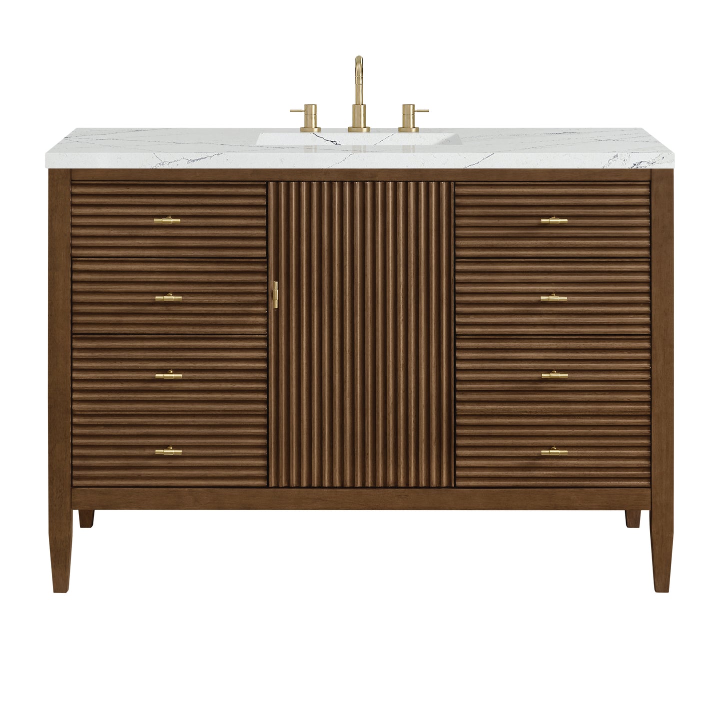 Renovate for Less Atlanta Myrrin 48" Single Vanity, Mid Century Walnut w/ 3 CM Ethereal Noctis Silestone Top