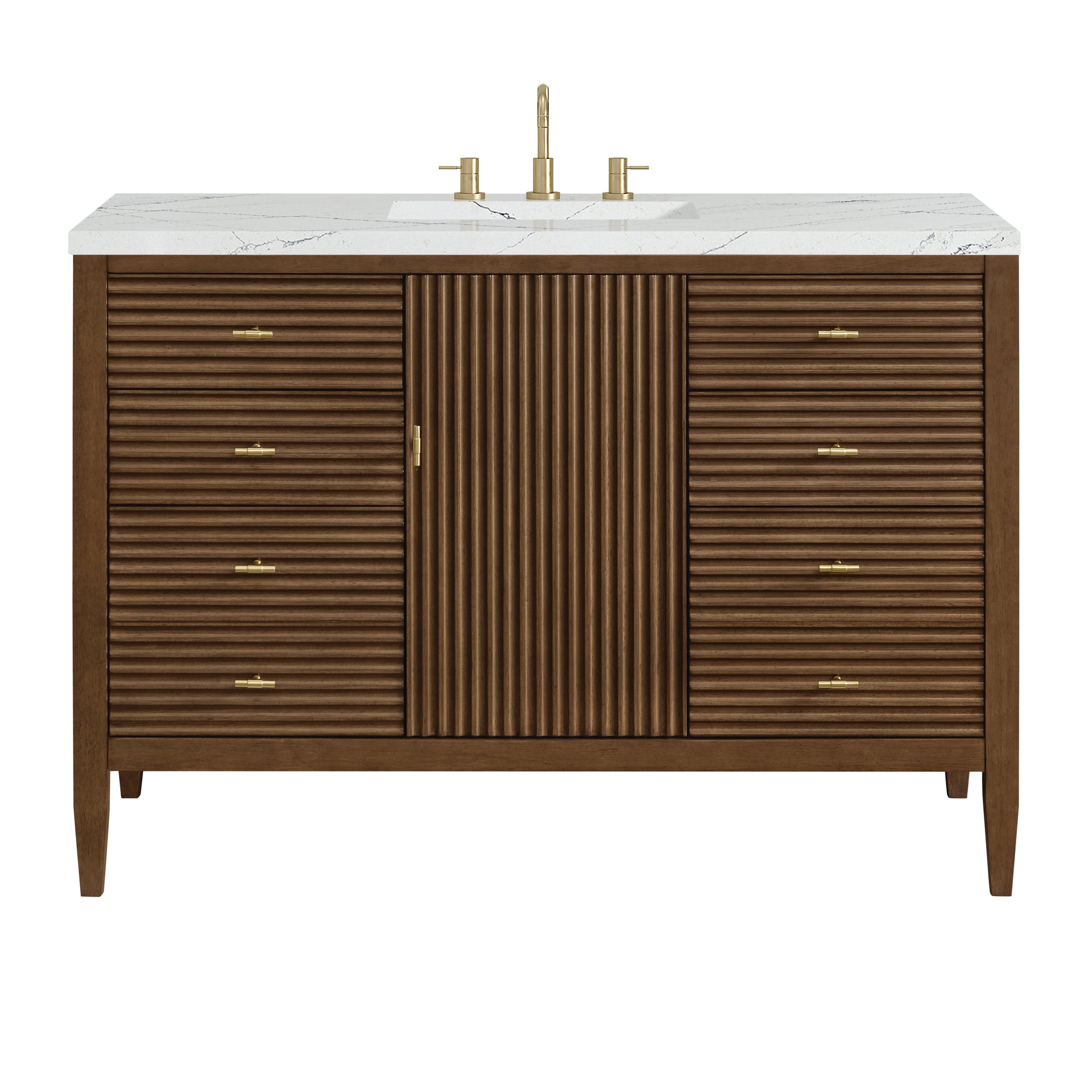 Renovate for Less Atlanta Myrrin 48" Single Vanity, Mid Century Walnut w/ 3 CM Ethereal Noctis Silestone Top