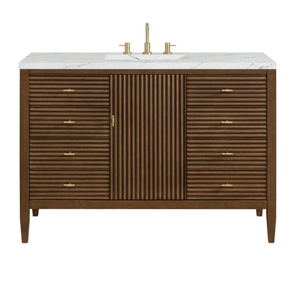 Renovate for Less Atlanta Myrrin 48" Single Vanity, Mid Century Walnut w/ 3 CM Ethereal Noctis Silestone Top